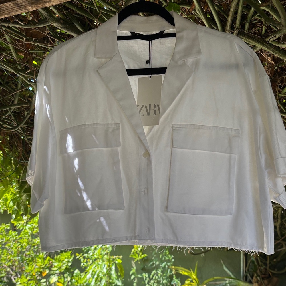 Zara White Cropped Button-Front Utility Top